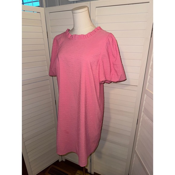 Joy Joy Shift Dress Womens Pink Ruffle Neck Puff Sleeve V-Back Size Large - Picture 5 of 9